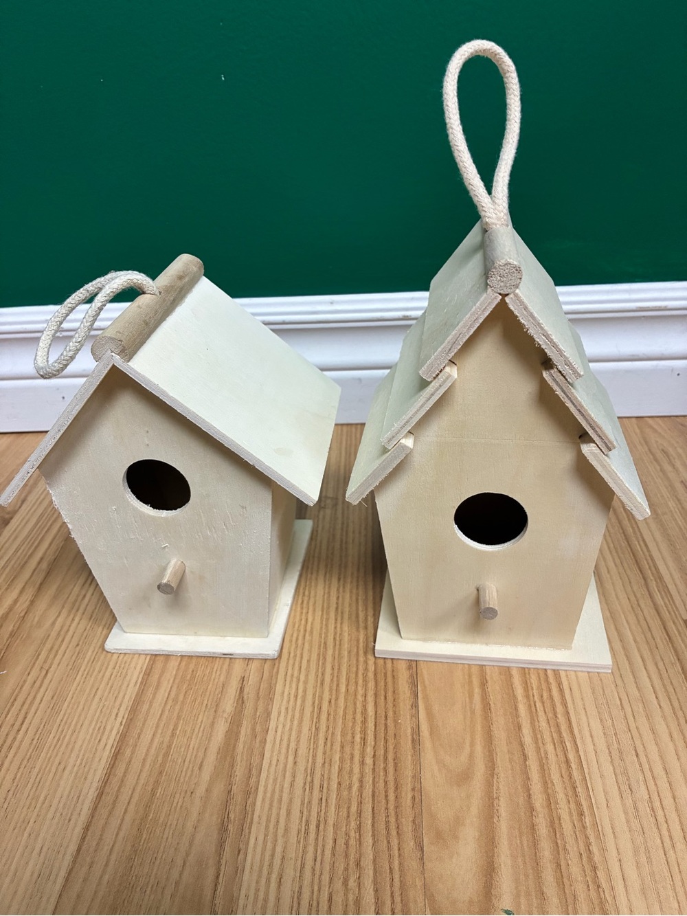 Set of Two Rustic Wooden Birdhouse Ornaments in Light Cream
